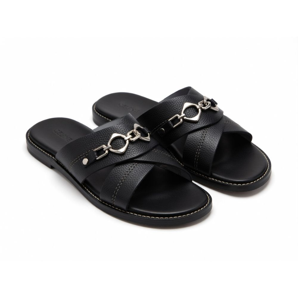 Designer Style Black Leather Crossover Slides